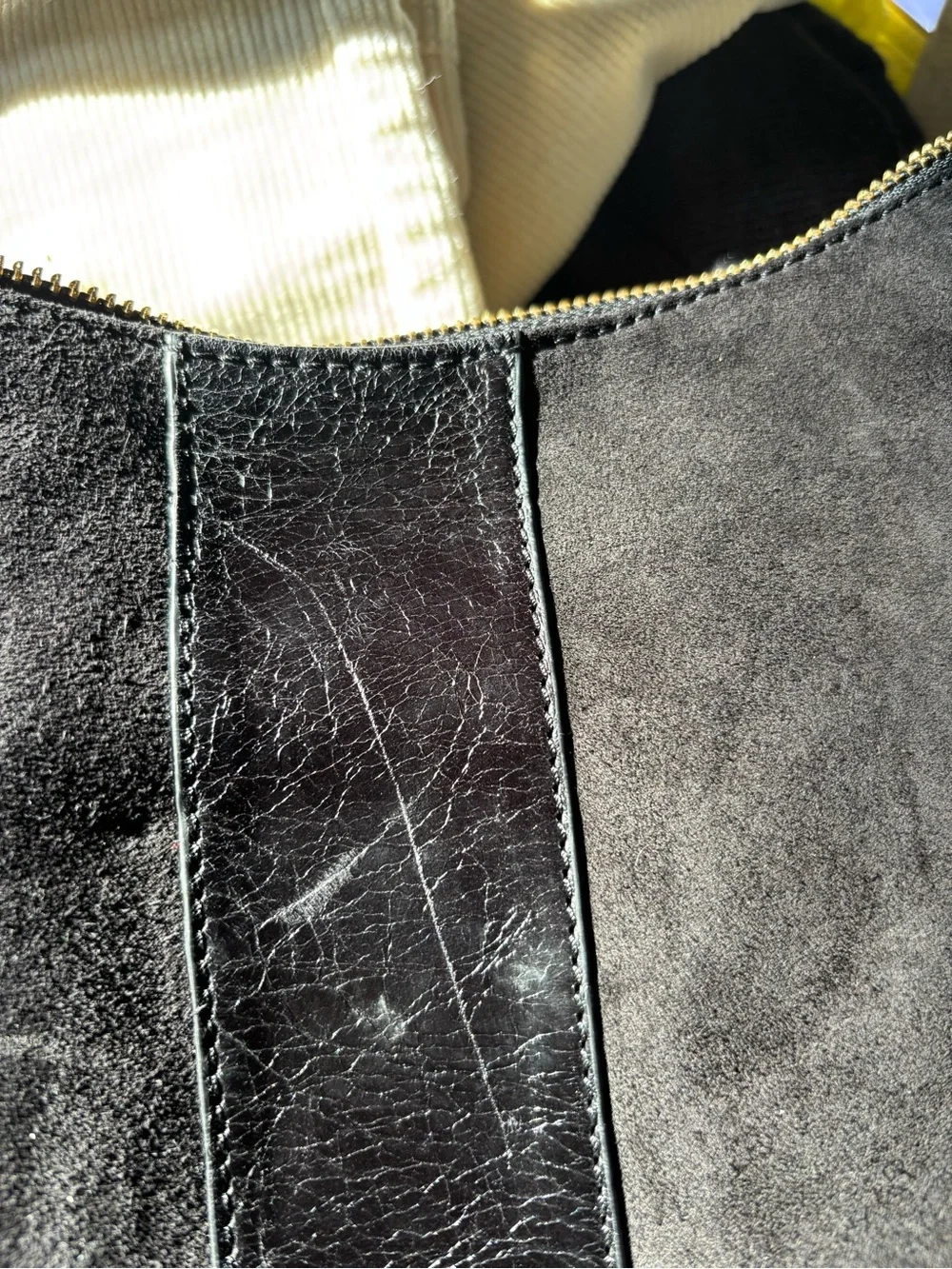 Perlina Black Suede and Leather Shoulder Bag with Gold Buckle